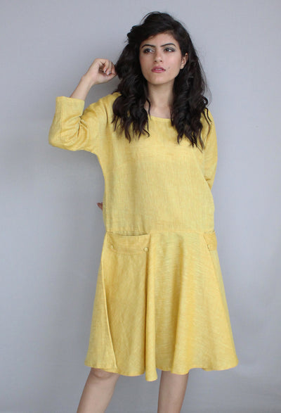 Linen Midi Shift Dress, Pockets: woman in yellow linen shift dress, hand at collar, front pocket visible