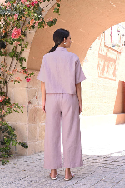 Linen Pajama Set, Shirt & Wide-Leg Pants: back view of Lilac linen shirt and wide-leg pants