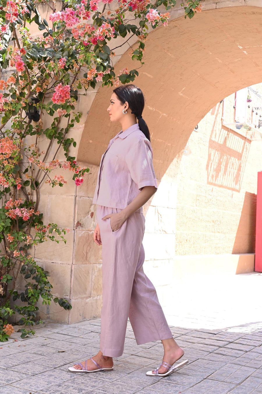 Linen Pajama Set, Shirt & Wide-Leg Pants: side view of Lilac linen shirt and wide-leg pants