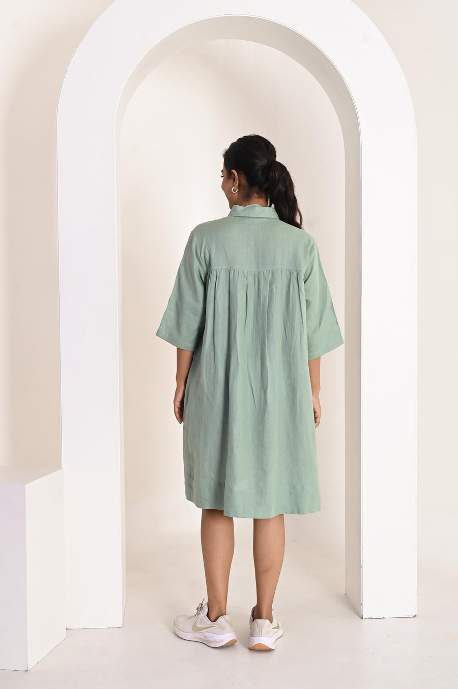 Linen Relaxed Fit Shirt Dress, Tie Belt: back view of Sage Green shirt dress with pleated yoke