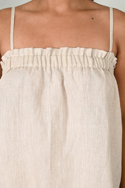 Linen Spaghetti Strap Top, Ruffle Tank: close-up of ruffled elastic neckline on Natural linen tank top