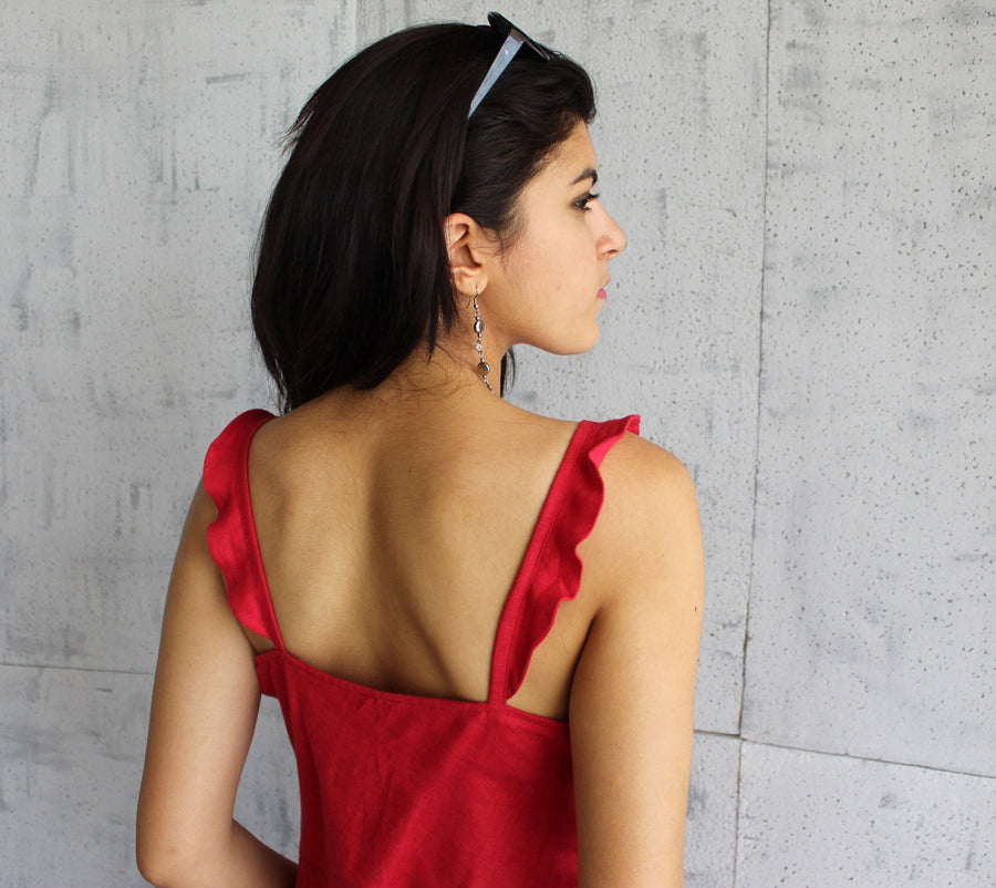 Linen Strappy Midi Dress, Sleeveless: back close-up of Red dress ruffled straps