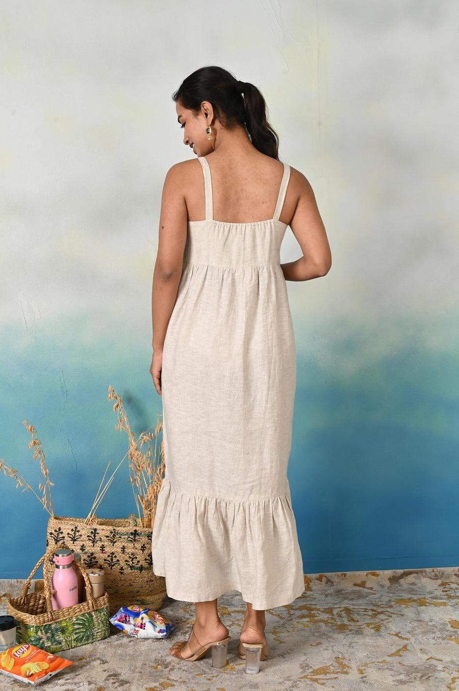 Linen Tiered Midi Dress, Square Neckline: back view of Natural strappy linen tiered midi dress