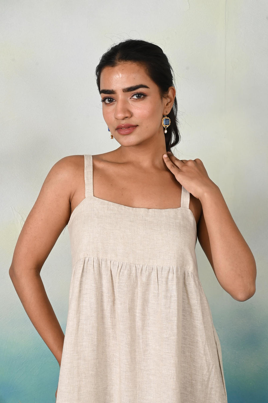 Linen Tiered Midi Dress, Square Neckline: close-up of square neckline and straps on Natural linen dress
