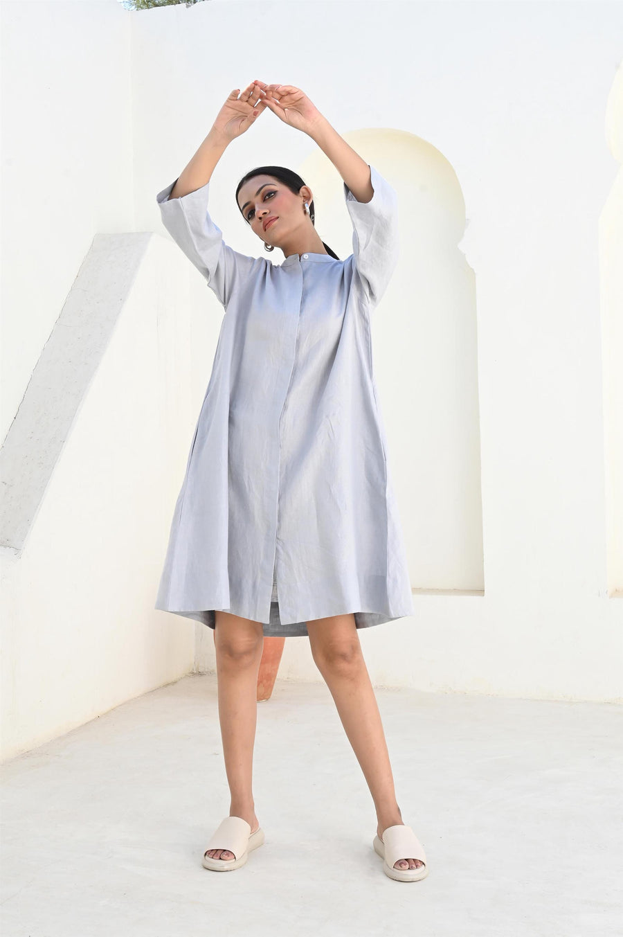 Linen Tunic Dress, Long Sleeve Loose Fit: woman in Light Grey linen tunic dress, arms raised overhead