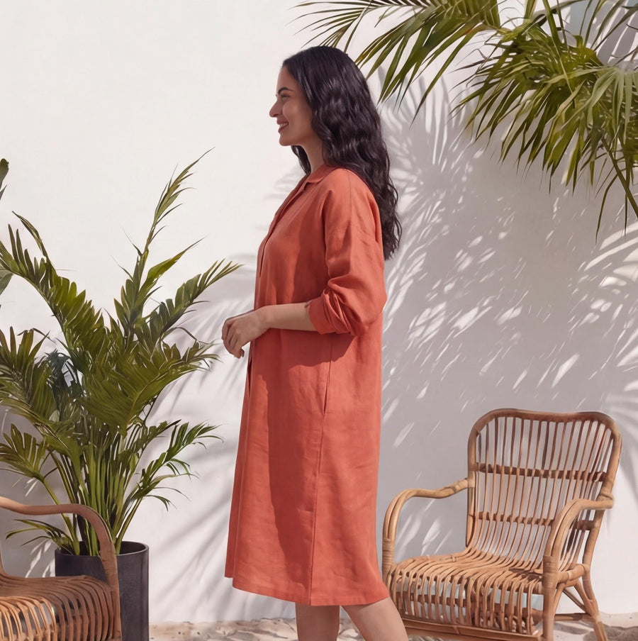 Linen Tunic Dress, 3/4 Sleeve: side view of Terracotta linen shirt dress