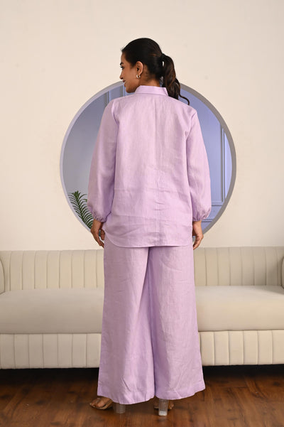 Linen Two-Piece Set, Shirt and Pants: back view of Lilac linen shirt and wide pants