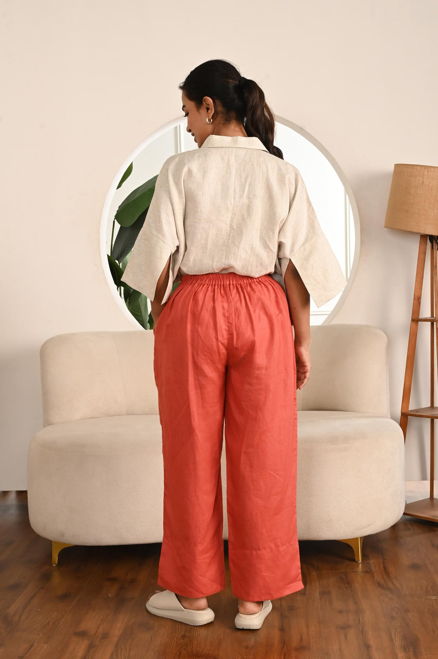 Linen Wide Leg Palazzo Pants, Flat Front: Terracotta wide leg trousers, back view with elastic waist