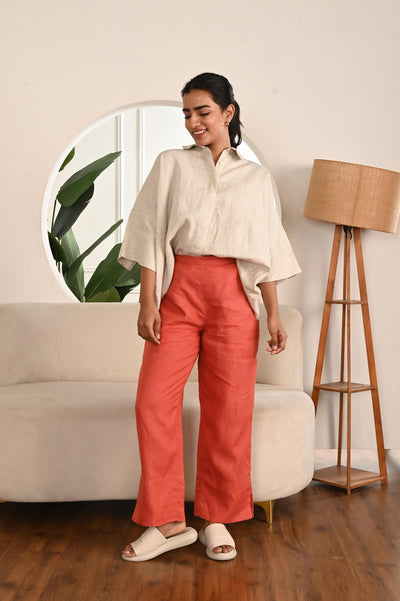 Linen Wide Leg Palazzo Pants, Flat Front: woman in Terracotta palazzo pants, side angle