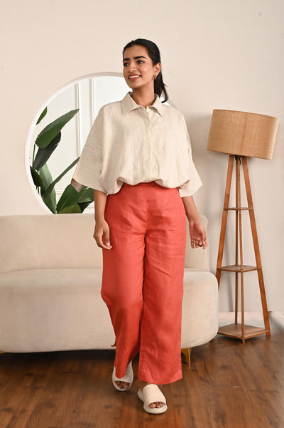 Linen Wide Leg Palazzo Pants, Flat Front: woman in Terracotta wide leg trousers and Off White shirt, front view