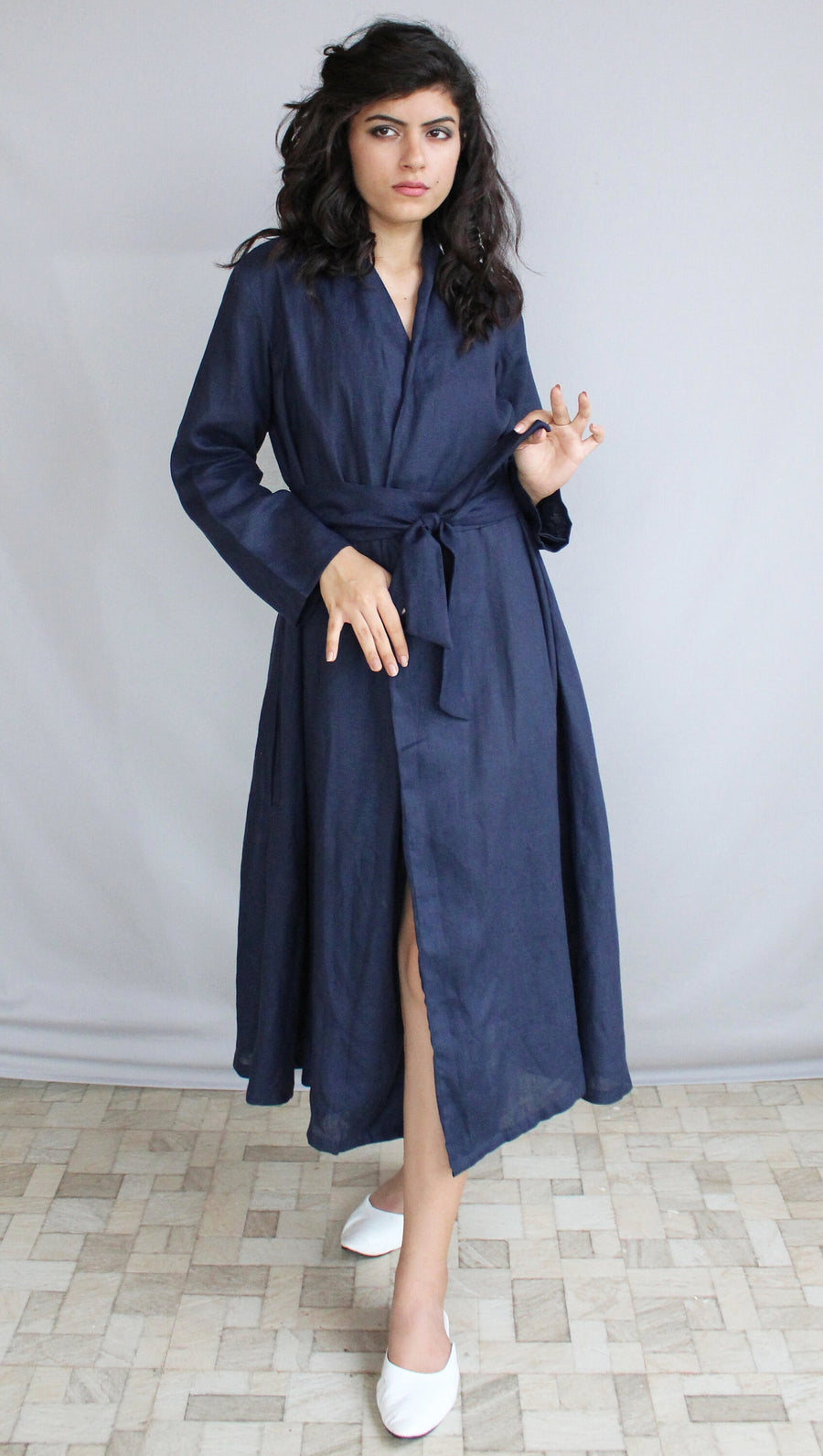 Linen Wrap Dress, Long Sleeve: woman in Navy Blue wrap dress, belt tied, slit front