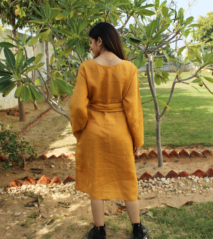 Long Sleeve Belted Linen Midi Dress: Honey midi dress, back view with belt