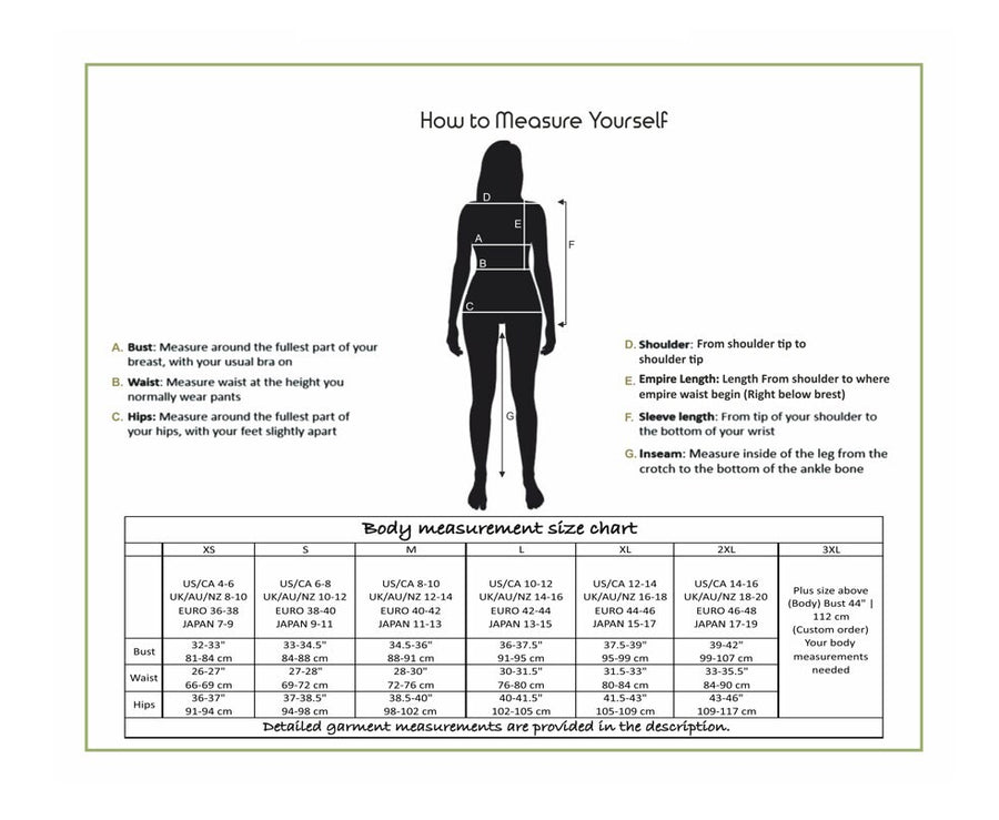 Long Sleeve Linen Wrap Dress: how to measure yourself guide with body diagram and size chart