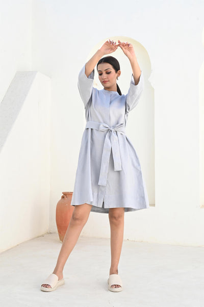 Loose Linen Tunic Dress, Long Sleeve: woman in Light Grey linen tunic dress, arms raised overhead, belted