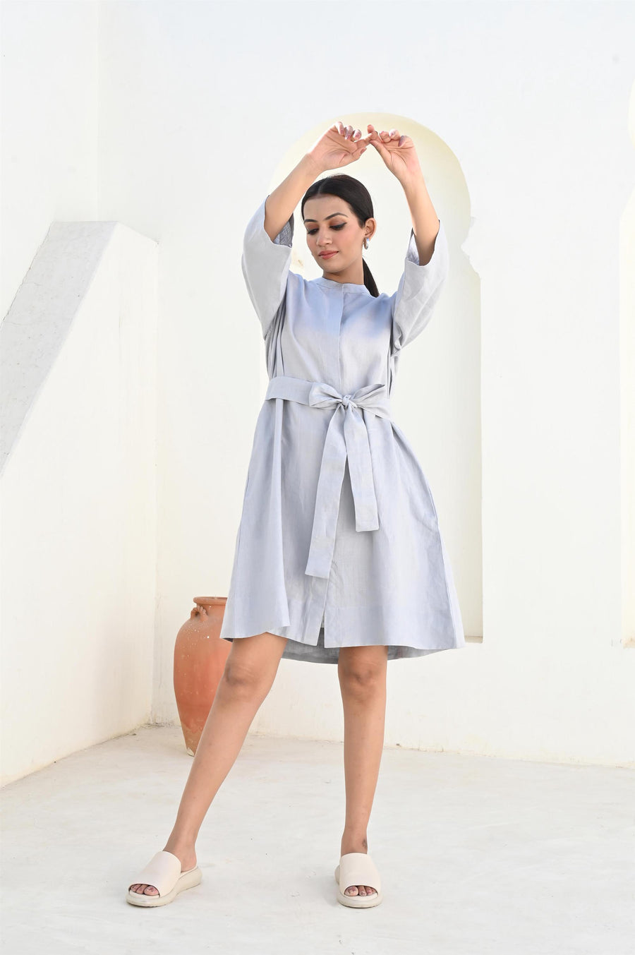Loose Linen Tunic Dress, Long Sleeve: woman in Light Grey linen tunic dress, arms raised overhead, belted