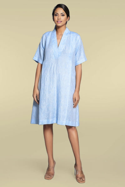 Loose Linen V-Neck Midi Dress, Half Sleeve: woman in Sky Blue dress, full length, front view