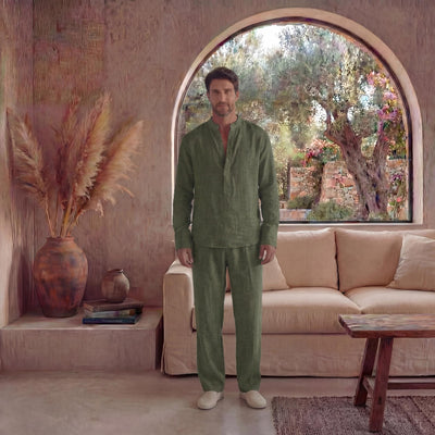 Men's Fitted Mandarin Collar Linen Shirt: full length front view of man in olive linen shirt and trousers, hands at sides