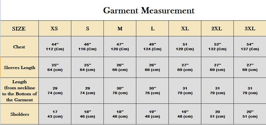 Men's Large Size Linen Button Down Shirt: garment measurement size chart, chest, sleeve, length, shoulders