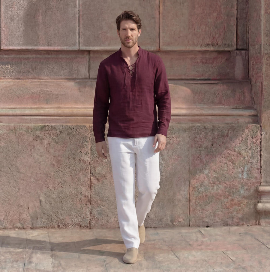 Men's Linen Lace-Up Neck Beach Tunic Shirt: man in burgundy linen shirt and white trousers, full length, front view