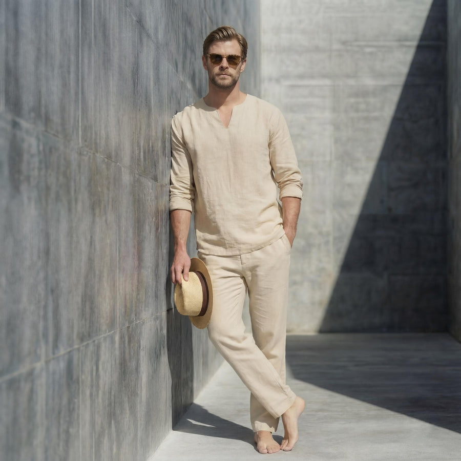 Men's Linen Notched V-Neck Shirt, Full Sleeve: man in Beige shirt and trousers, hat in hand, front view