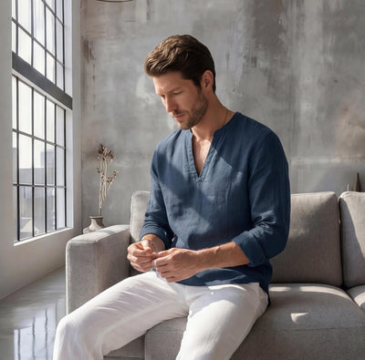 Men's Linen V-Slit Neck Shirt, Custom Length: man seated on sofa in Navy Blue shirt, looking down