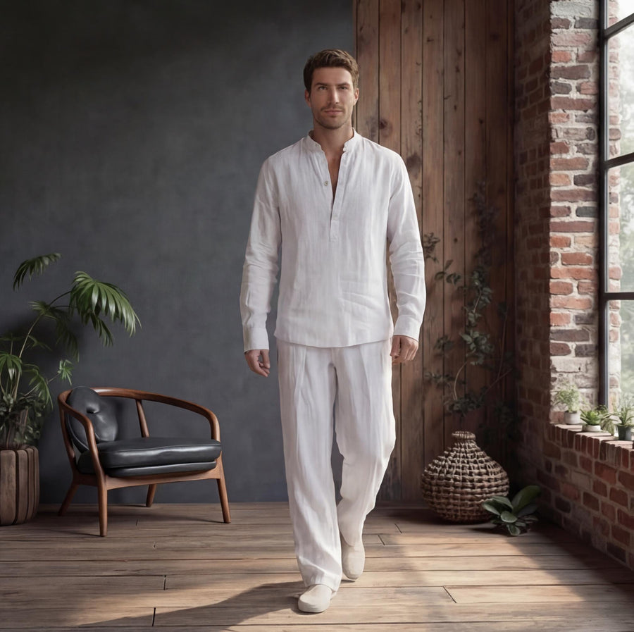Men's Mandarin Collar Linen Resort Shirt: man in white linen shirt and trousers walking toward the camera