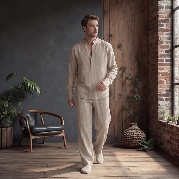 Men's Mandarin Collar Linen Shirt, Modern Fit: man in beige linen shirt and trousers walking in a room with a wooden wall