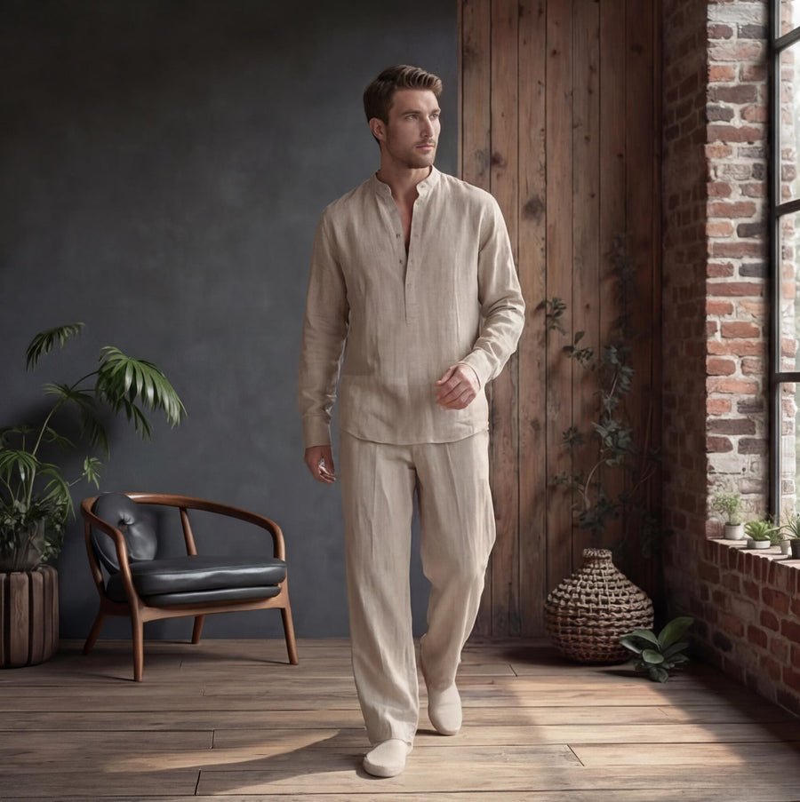 Men's Mandarin Collar Linen Shirt, Modern Fit: man in beige linen shirt and trousers walking in a room with a wooden wall