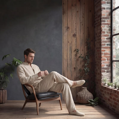 Men's Mandarin Collar Linen Shirt, Modern Fit: man seated in a leather armchair with legs crossed, beige linen set