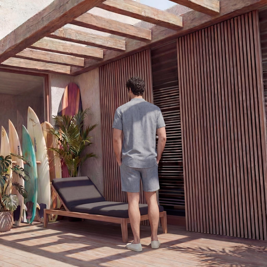 Men's Mandarin Collar Linen Shirt, Vacation: back view of man in blue grey linen shirt and shorts