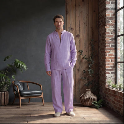 Men's Mandarin Collar Shirt, Minimal Placket: man in Lilac shirt and trousers, standing, front view