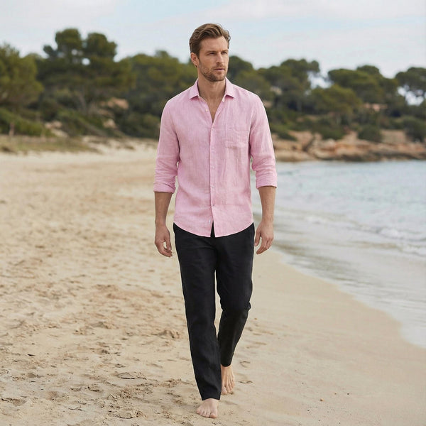 Men's Pure Linen Button-Up Shirt, Beach: man in Powder Pink button up shirt walking on beach, front view