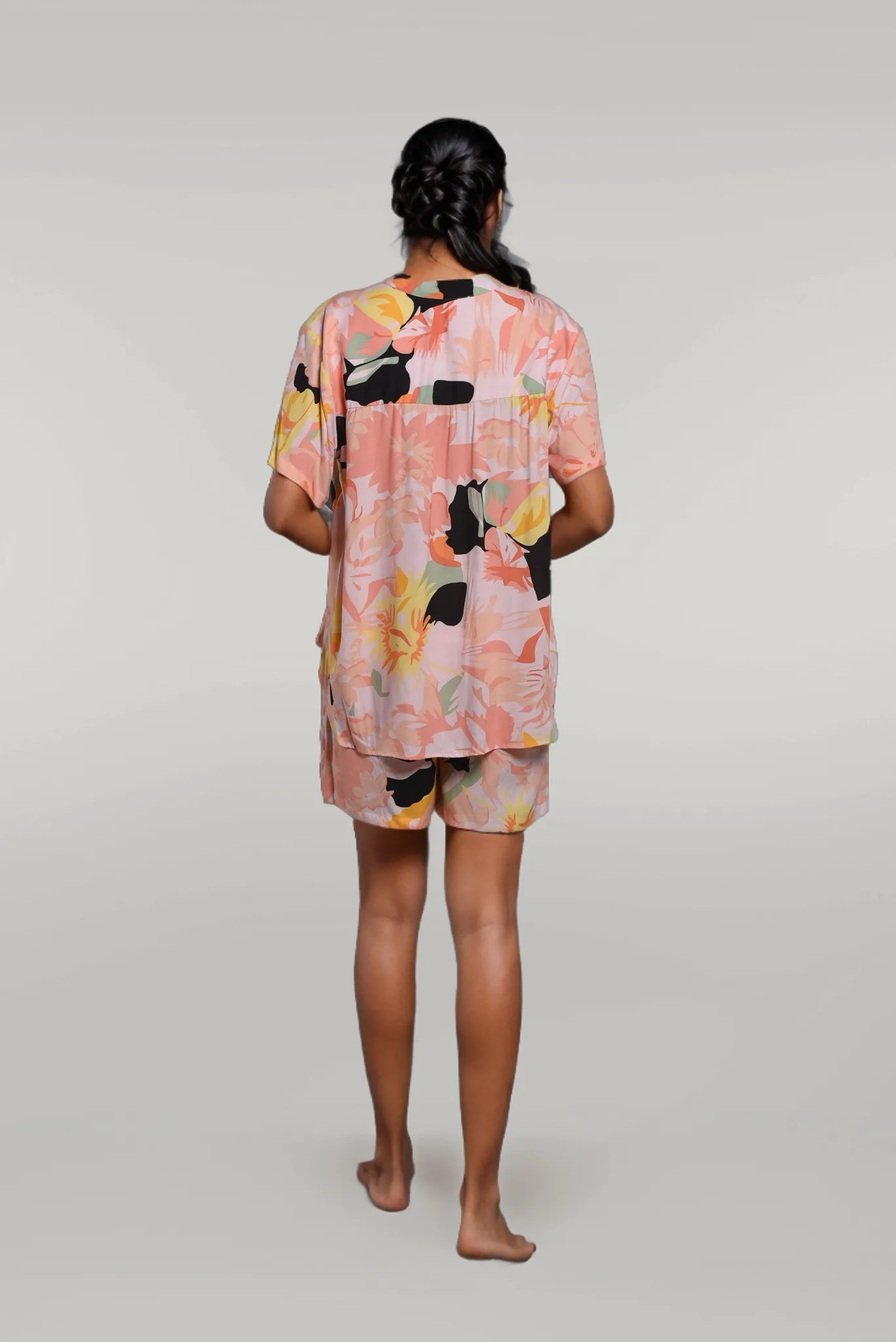 Pink Floral Sleepwear Printed Shirt with Shorts Set