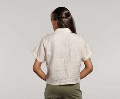Off White Linen Shirt, Button Up: back view of woman in Off White cropped linen shirt with short sleeves
