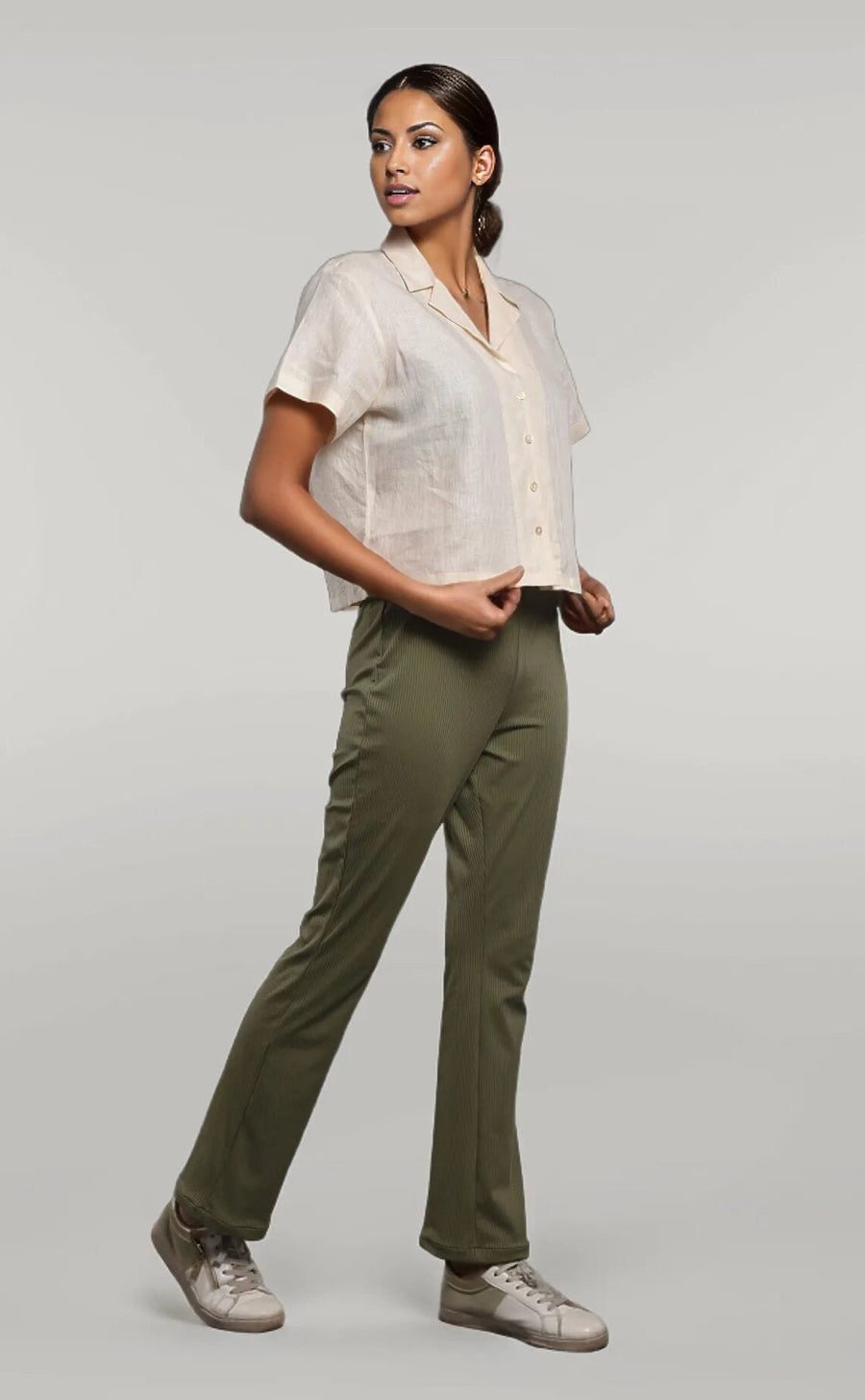 Off White Linen Shirt, Button Up: full length view of woman in Off White linen shirt and olive trousers