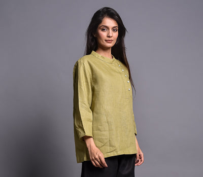 Olive Linen Collared Button Shirt: three quarter view of olive green linen top with buttons at the neckline