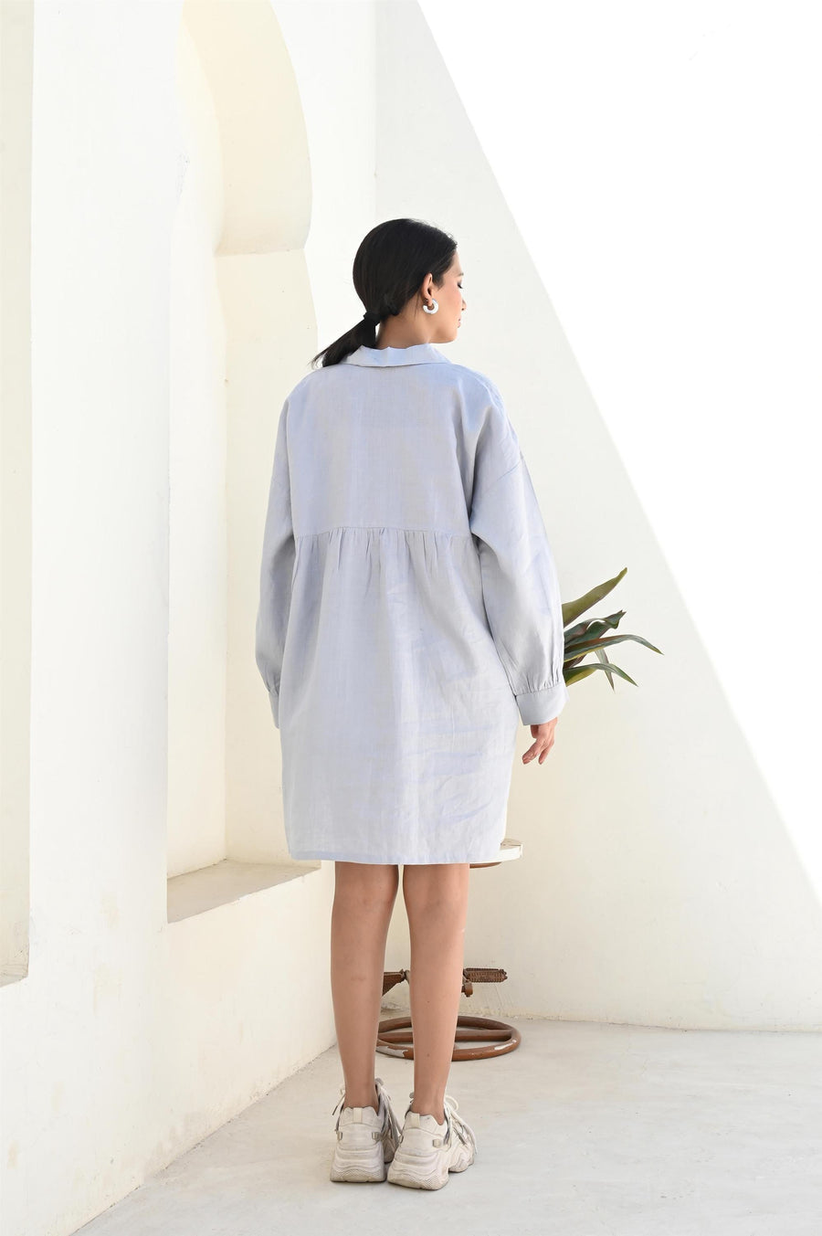 Oversized Linen Shirt Dress, Loose Fit: back view of Light Grey oversized shirt dress with pleats