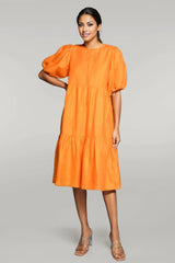 Smock Midi Layered Linen Dress with Half Sleeves