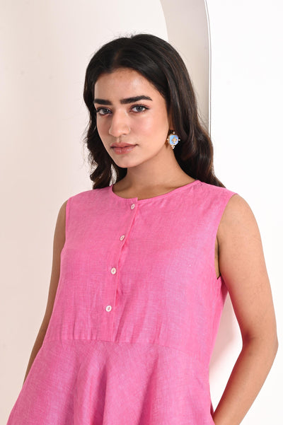 Pink Sleeveless Linen A-Line Dress: close-up of pink linen dress bodice with button placket