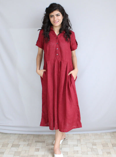 Pleated Linen Shirt Collar Dress: woman in deep red pleated linen shirt collar dress with pockets, front view