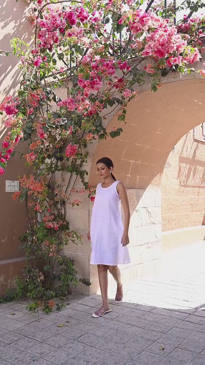 White Sleeveless Linen Knee-Length Shift Dress with Scoop Neckline and Deep U-Back, Loose Fit Midi Summer Dress, plus size linen
