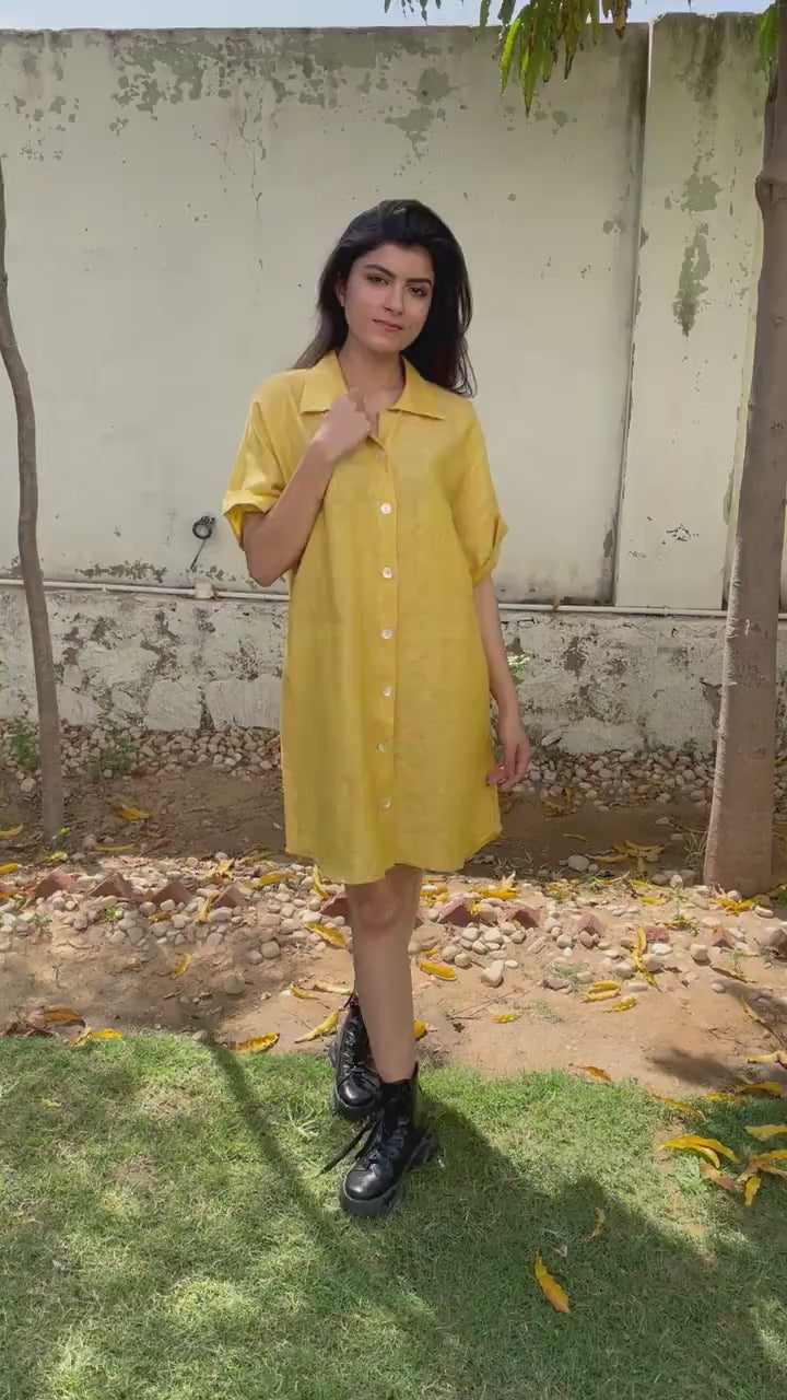 Yellow Linen Shirt Dress: Short Sleeve Button-Up, Linen shirts for women, linen tunic tops, Oversized Loose Linen Shirt, plus size clothing