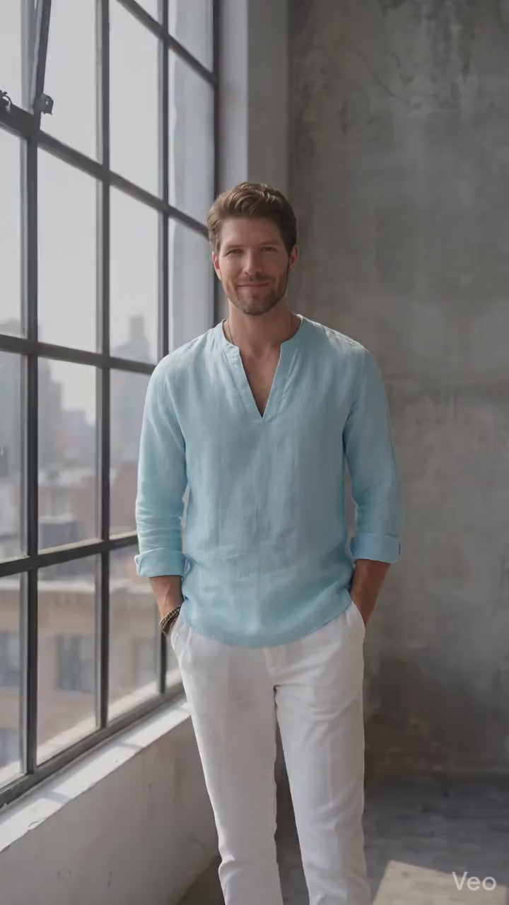 Linen Shirt in Deep V-Slit Neck with Full Sleeves, Linen Men's Long-Sleeved Shirts Summer, Minimal Fashionable Men Linen Shirt, Gift for Men