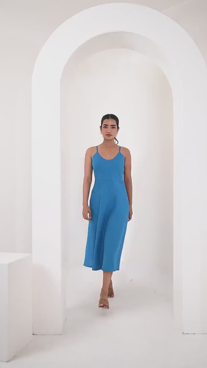 Handmade Blue Linen Midi Dress: Sleeveless Fit & Flare Sundress