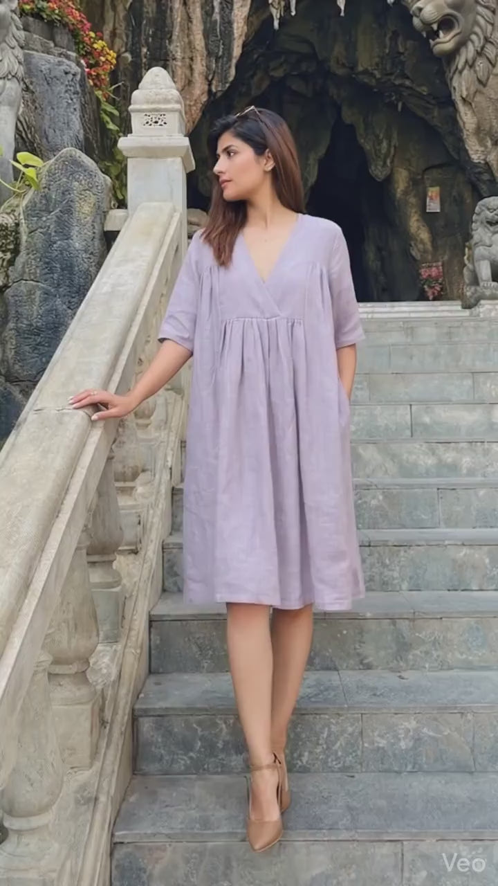 Linen A-Line Knee-Length Dress with V-Neckline and Empire Waist, loose linen dress, flax dress, pure linen dress