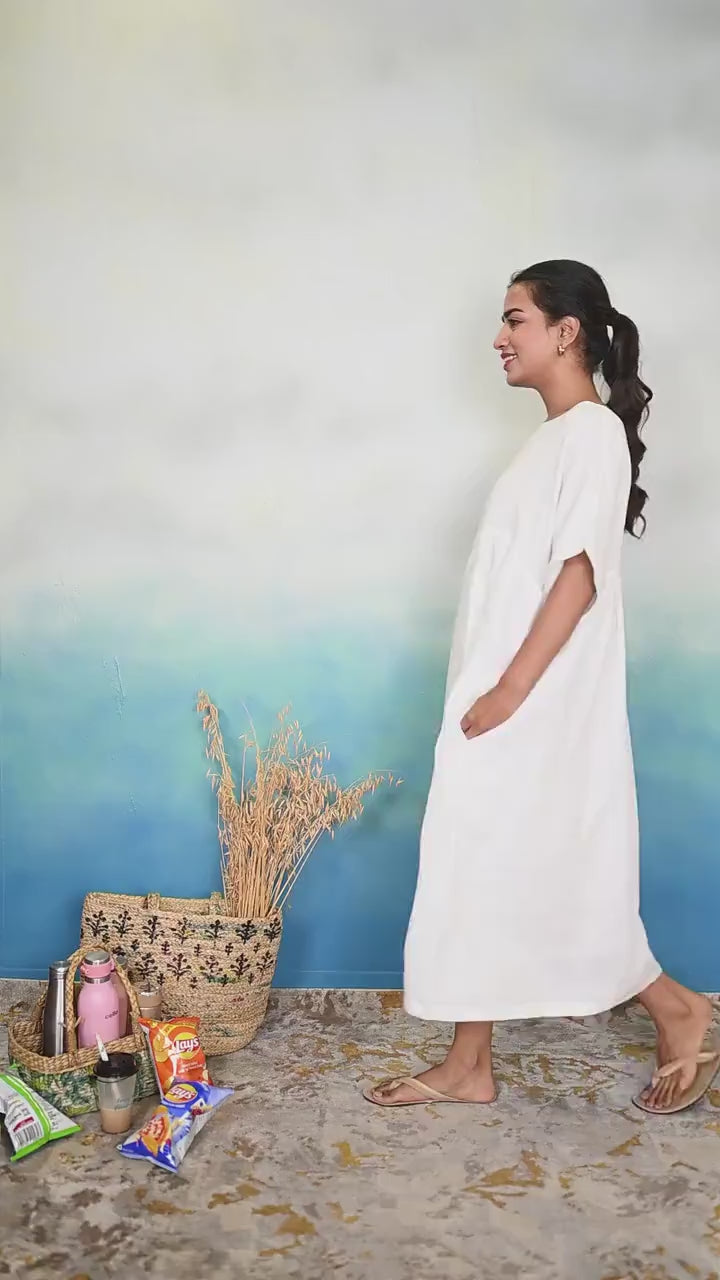 Handmade Linen Midi Dress: Gathered Empire Waist, Side Pockets