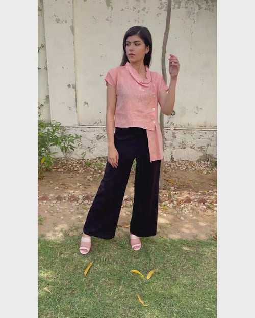 Asymmetric Linen Blouse, Cowl Neck Short Sleeve Top, 100% linen shirt half sleeves buttoned loose tops plus size tops plus size clothing