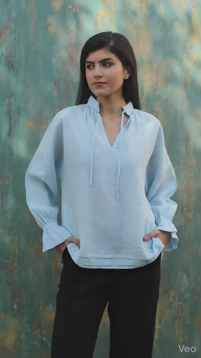 Light Blue Linen Tunic Top, Long Sleeve Ruffle Cuff Blouse, Victorian blouse, plus size tops plus size clothing