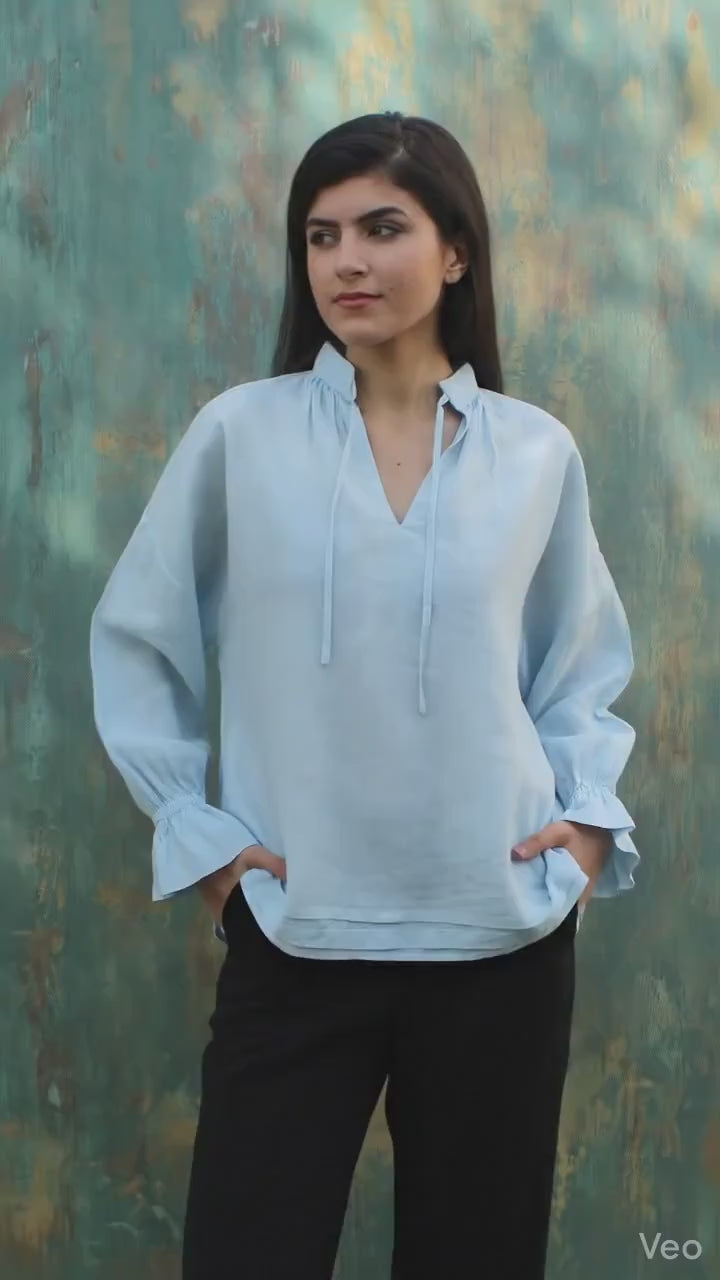 Light Blue Linen Tunic Top, Long Sleeve Ruffle Cuff Blouse, Victorian blouse, plus size tops plus size clothing