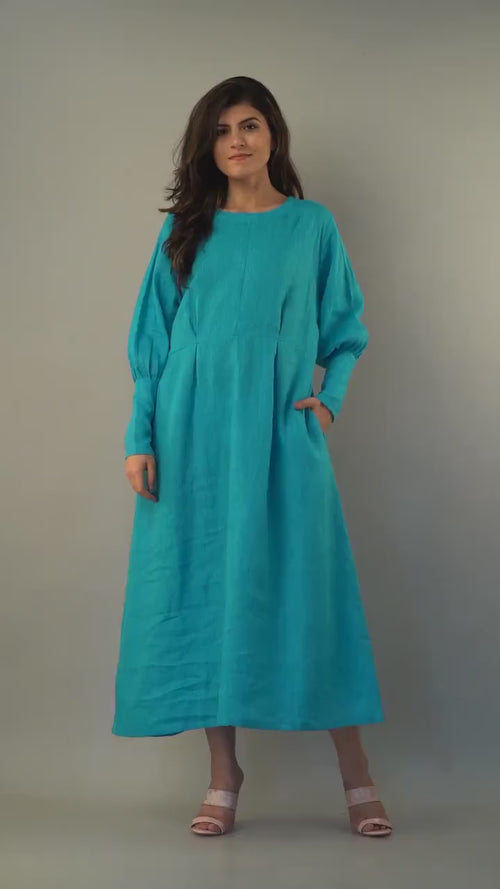 Blue Linen Midi Dress: Long Sleeve Back Button Oversized Dress with Pockets, Plus Size Clothing, Vintage Boho Long Sleeve Dress